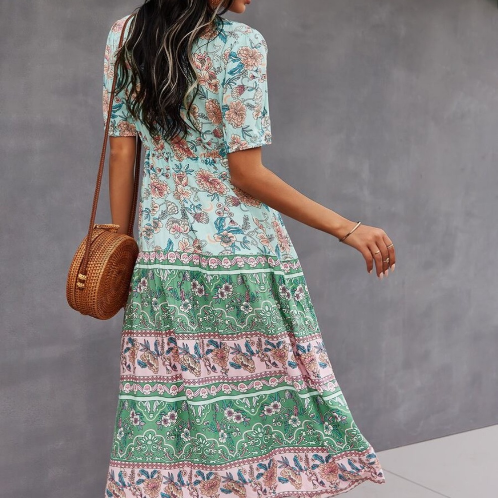 Boho Green Mint Floral Slit Button up Midi Dress - Picture 4 of 6